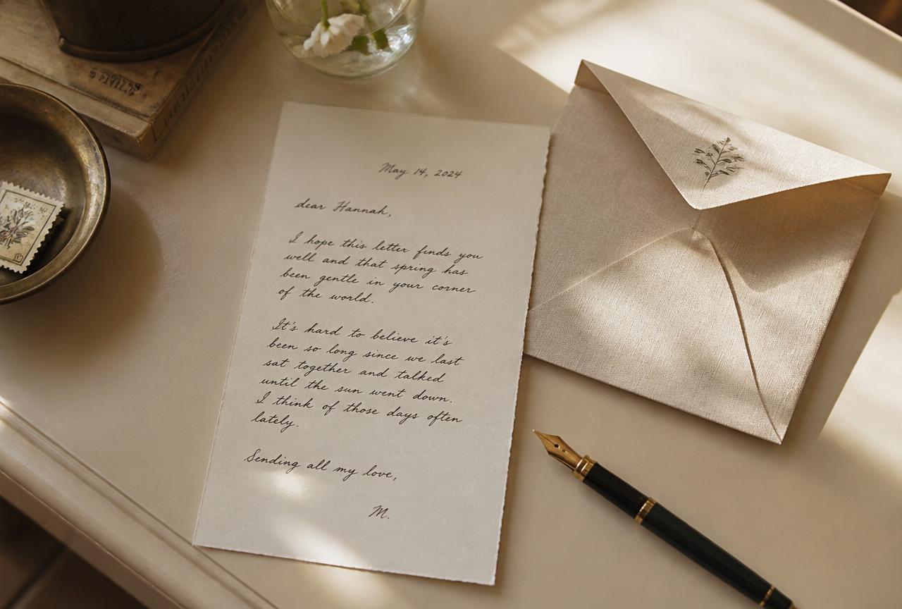 A handwritten letter on cream stationery with a fountain pen, resting in warm light